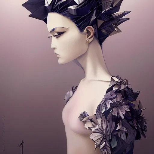 Image similar to 3 / 4 view of a beautiful girl wearing an origami dress, elegant, by esao andrews, by eiko ishioka, givenchy, by peter mohrbacher, centered, floral ornamentic, detailed beautiful face, high depth of field, origami, detailed fashion illustration, vogue, japanese, reallusion character creator