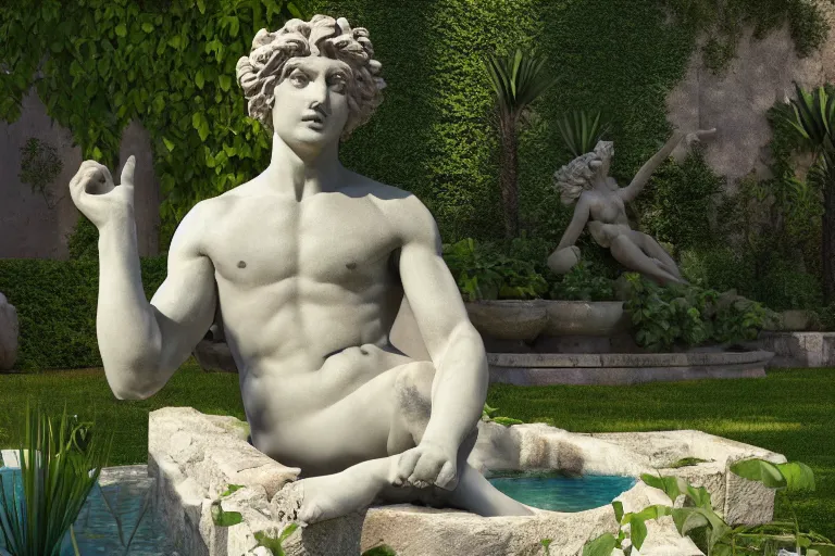 Prompt: photo of a beautiful greek statue in a garden surrounded by fountains, 4 k, hyper realistic, lens flare, octane render, hyper detailed, accurate proportions