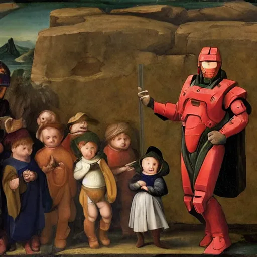 Prompt: a renaissance painting of Master Chief from Halo with a professor hat in front of a class of toddler aliens, writing math equations on the blackboard