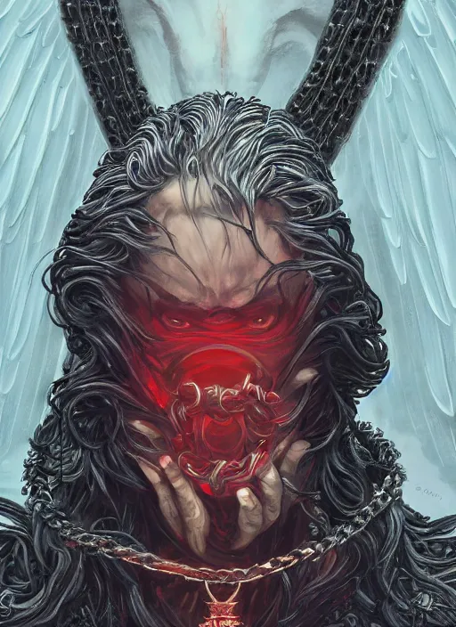 Prompt: lucifer, dark angel, red eyes, chain, handcuffs, large chain, wide open mouth, scream, cruelty, sad, sea bottom, light effect, hyper detailed, intricate, elegant, highly detailed, digital painting, artstation, concept art, matte, sharp focus, illustration, by dan mumford, yusuke murata, makoto shinkai, ross tran