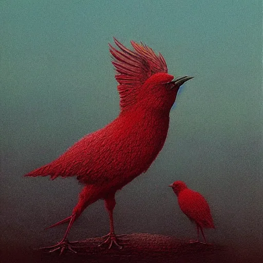 Prompt: red hammer birds painted by zdzislaw beksinski