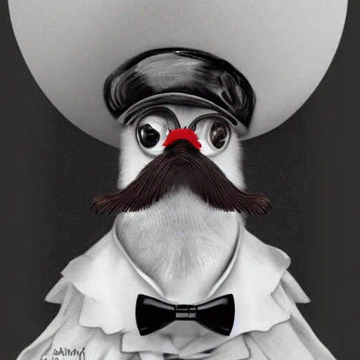 Image similar to a chicken butler with a fancy mustache and a monocle, high detail, digital art,