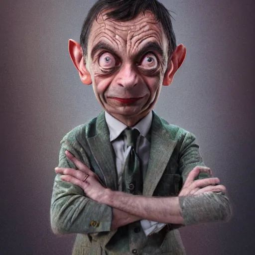 Image similar to Very very very very highly detailed epic central composition photo of Mr Bean as Gollum face, intricate, happy colors, extremely detailed, digital painting, smooth, sharp focus, illustration, intimidating lighting, incredible art by Brooke Shaden, artstation, concept art, Octane render in Maya and Houdini