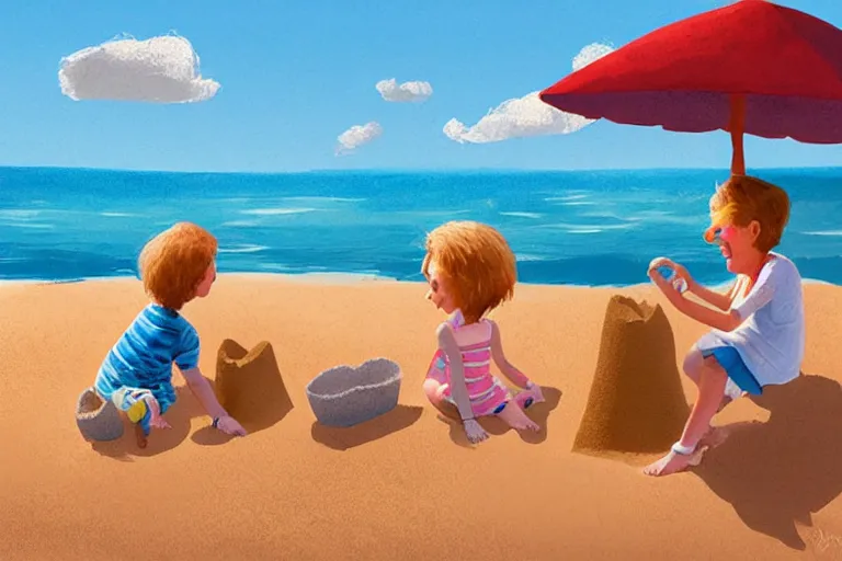 Image similar to Two happy children sitting on the beach making sandcastles, blue sky, HD, concept art, illustration by Benji Davies