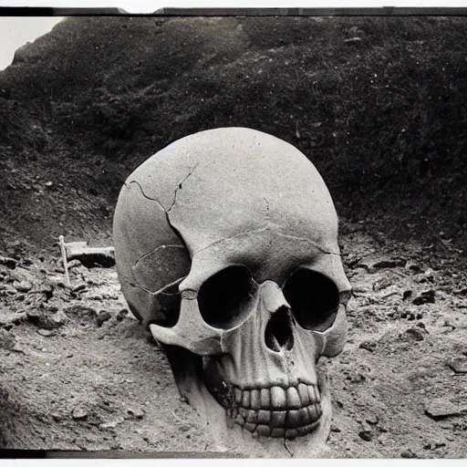 Prompt: Giant skull found at excavation site, an archaeologist stands next to the skull and is dwarfed by it, damaged 80s polaroid photo