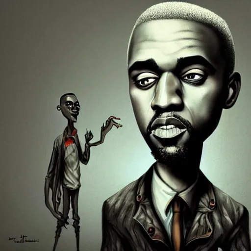 Prompt: michael karcz grunge drawing of kanye west. , in the style of corpse bride, loony toons style, horror themed, detailed, elegant, intricate, trending on artstation, 4k