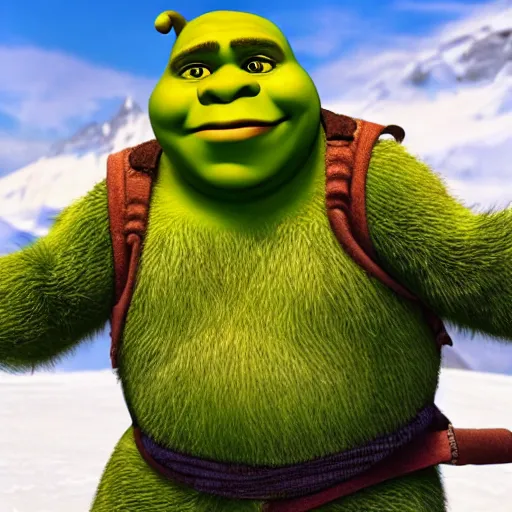 Prompt: shrek skiing, angry, full body shot, cinematic lighting, studio quality