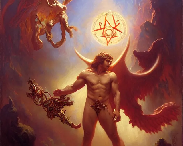 Image similar to attractive male deity, casting demonic magic, summoning handsome lucifer morning star. highly detailed painting by gaston bussiere, craig mullins, j. c. leyendecker 8 k