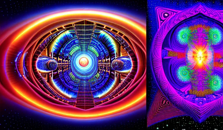 Image similar to an expansive octane redshift rendering of beautiful and complex interwoven timespace rift continuum portal fractal quantum by dan mumford, by jim fitzpatrick, by joe wilson, by jim burns, by victo ngai, by jacek yerka, featured on deviant art, trending on artstation