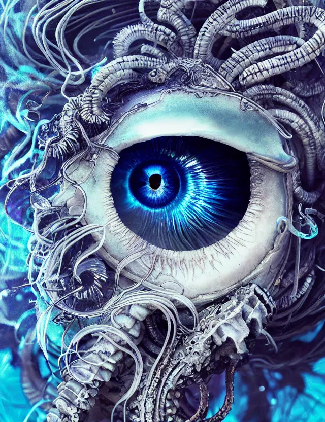 Image similar to eye of god macro close - up portrait with mask made of ram skull. betta fish, jellyfish phoenix, plasma, ice, water, wind, creature, super intricate ornaments artwork by tooth wu and wlop and beeple and greg rutkowski