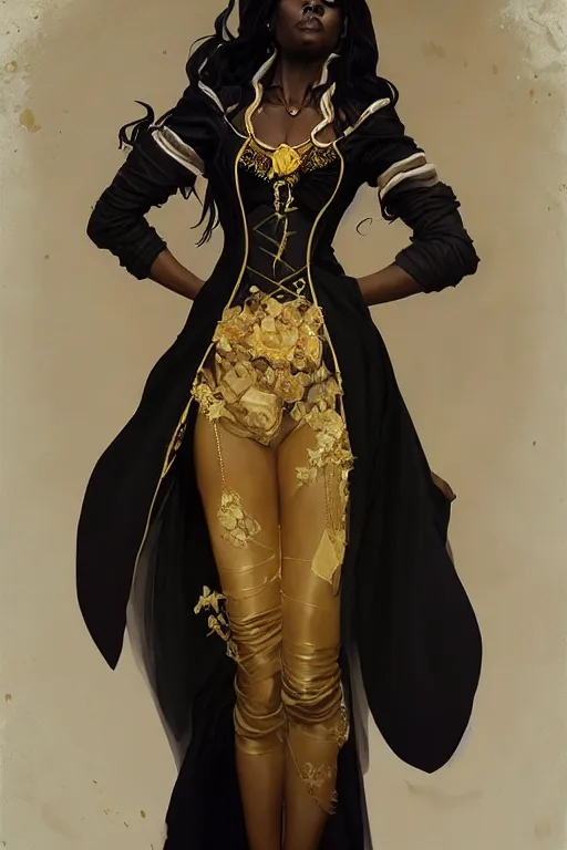 Prompt: Portrait of a Holy Necromancer, black female, beautiful, golden robes, white pants, exquisite black accessories, golden corset, highly detailed, smooth, sharp focus, digital painting, illustration, fantasy, by Krenz Cushart and Artem Demura and alphonse mucha, artstation, cgsociety