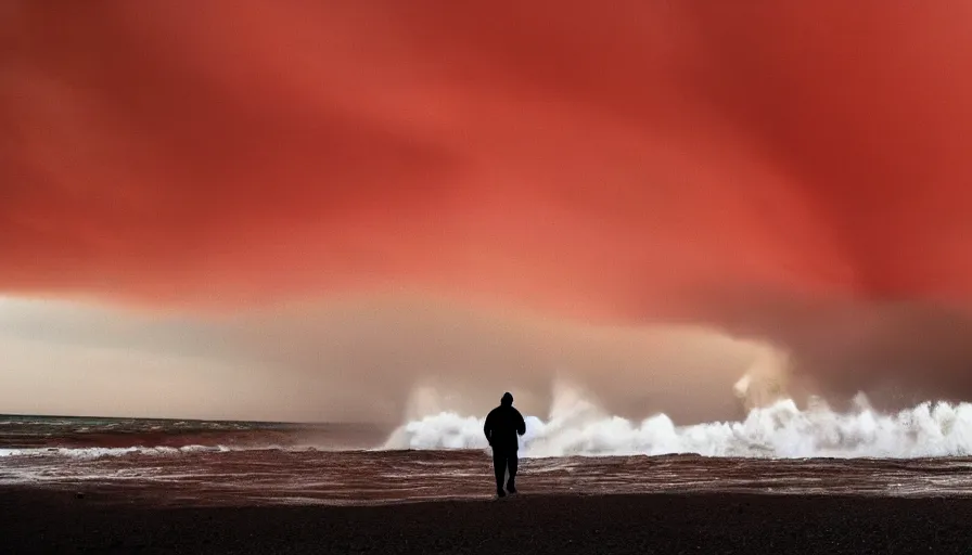 Prompt: silhouette of a man walking away by greg rutkowsi, tumultuous sea, circular, vortex, tornado, raging storm, void, very wide angle, low horizon, seen from behind, dramatic, red, fire, artstation