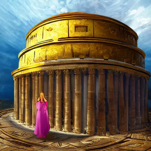 Image similar to young ancient greek woman in golden helmet, a floating pantheon palace in the sky, clouds background, island floating in the sky, epic fantasy style art, fantasy epic digital art