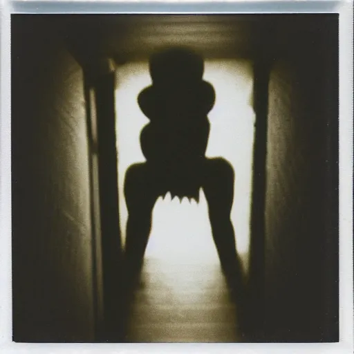 Prompt: a humanoid creature at the bottom of a dark stairwell, dark!, creepy, unsettling, uncanny valley!!!, old polaroid, expired film,