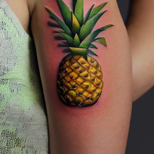 Image similar to professional 3 d render of a ripe luscious pineapple tattoo on an arm that's also edible