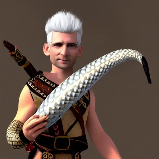 Image similar to a white haired snake soldier with a snake head, fantasy, 4 k, inspired by pixar