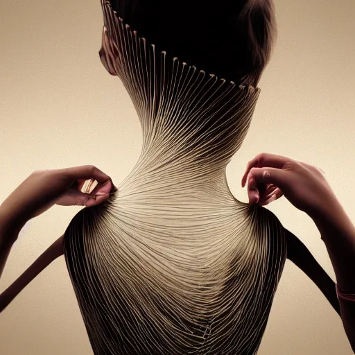 Image similar to digital art of a woman being held together by threads, 3d render, intricate detail, contemporary art