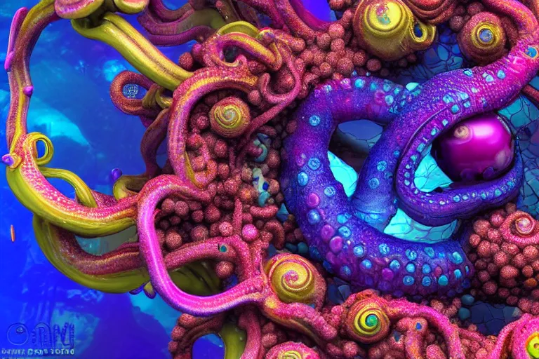 Prompt: rainbow octopus, stunning ultra realist waves underwater curiosities reflections and refractions corals and fishes carnival, symmetry accurate features, focus, very intricate ultrafine details, blue purple aqua colors, award winning masterpiece, octane render