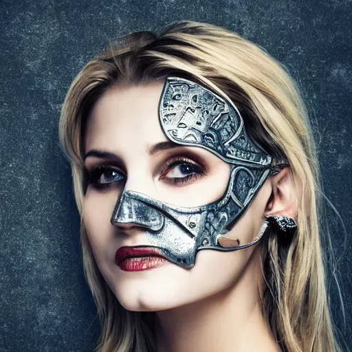 Prompt: A new dark hero for blockbuster movies. A beautiful woman wearing a silver skeletal mask, with an ancients, ultra-detailed pattern. Attractive eyes. A fearless smile. Blurred background. Earrings. Golden
