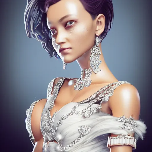 Image similar to portrait of wonderful princess of diamond with fair skin, ornate with diamonds, 8 k, gorgeous, intricate, detailed, glowing white accent lighting, dramatic lighting, octane render