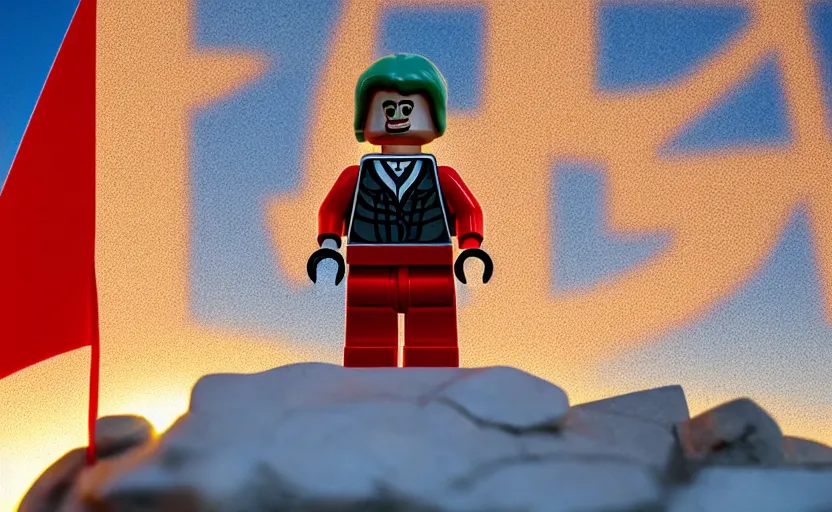 Prompt: A lego man on the mountain with soviet flag. sunset in the background. lens flare. light fixtures. 8K. detailed. photorealism. artstation. 25mm f/1.7 ASPH Lens. ultra realistic