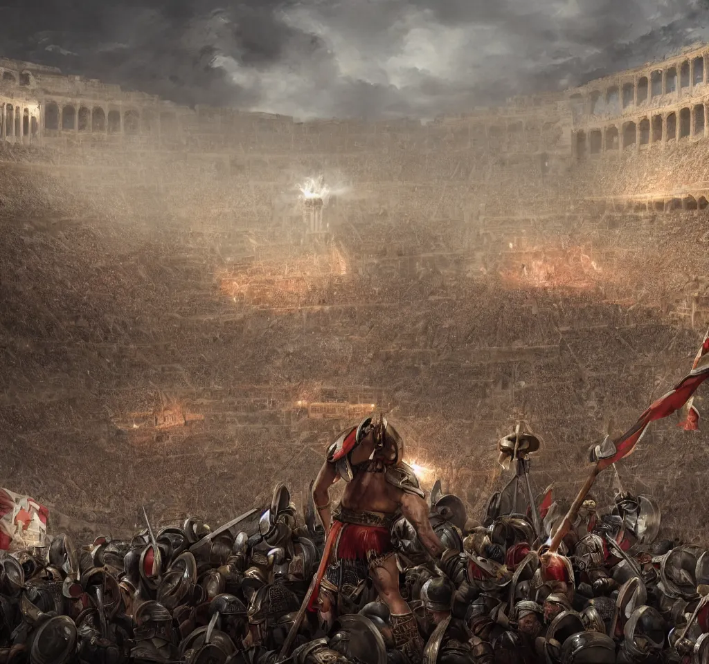 Prompt: Roman Gladiator at battle in a giant coliseum, wide angle shot, Flags on pillars , cinematic lightning, medium shot, mid-shot, highly detailed, trending on artstation, Unreal Engine 4k, cinematic, very highly Detailed, digital, HDR, Kodak Ektar, wide-angle lens, 3D concept art by Greg Rutkowski, Gary Houston, Stephan Martiniere and Alexander Fedosav