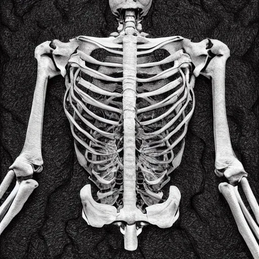 Image similar to Human skeleton absorbed into a tree, detailed, digital art