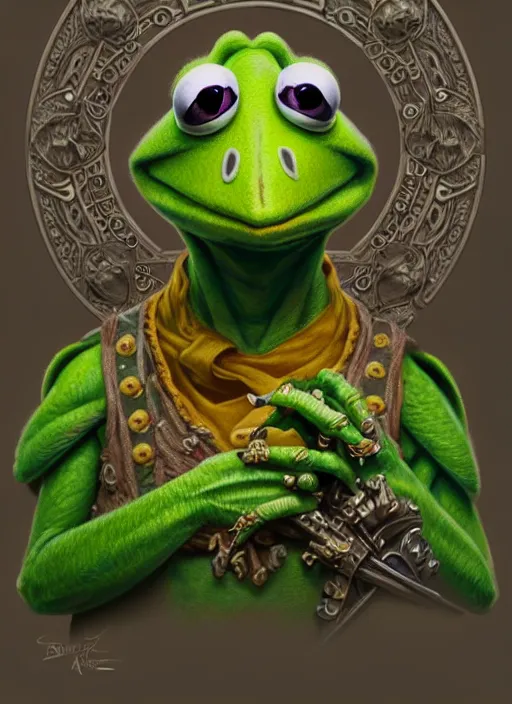Prompt: Portrait of Kermit the frog, D&D, fantasy, intricate, elegant, highly detailed, digital painting, artstation, concept art, smooth, sharp focus, illustration, art by artgerm and greg rutkowski and alphonse mucha