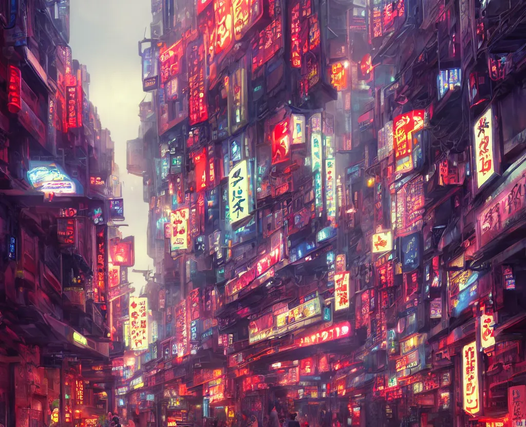 Image similar to three point perspective close wide angle shot of a matte painting environment design of Tokyo alley with neon lights and advertisements, artstation, ultra realistic, volumetric lighting, 4k, unreal engine, octane render, art by Artgerm and Greg Rutkowski and Alphonse Mucha