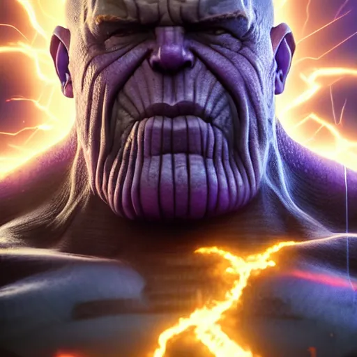 Image similar to thanos going super sayain, au naturel, hyper detailed, digital art, trending in artstation, cinematic lighting, studio quality, smooth render, unreal engine 5 rendered, octane rendered, art style by klimt and nixeu and ian sprigger and wlop and krenz cushart