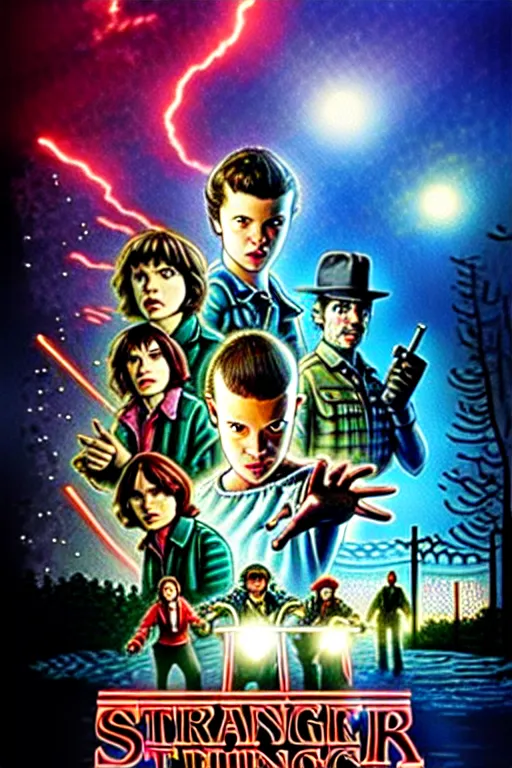 KREA - Stranger Things Season 5 Poster with cast of Futurama, high  resolution, hyper detailed, intricate, photorealistic, all cast members,  netfilx !n-9