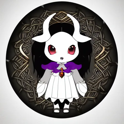 Image similar to cute fumo plush of a goat girl with horns, anime girl, tribal outfit with intricate celtic knot patterns, gothic maiden shaman, pagan goddess, black and white, stark shadows, artstation, vray