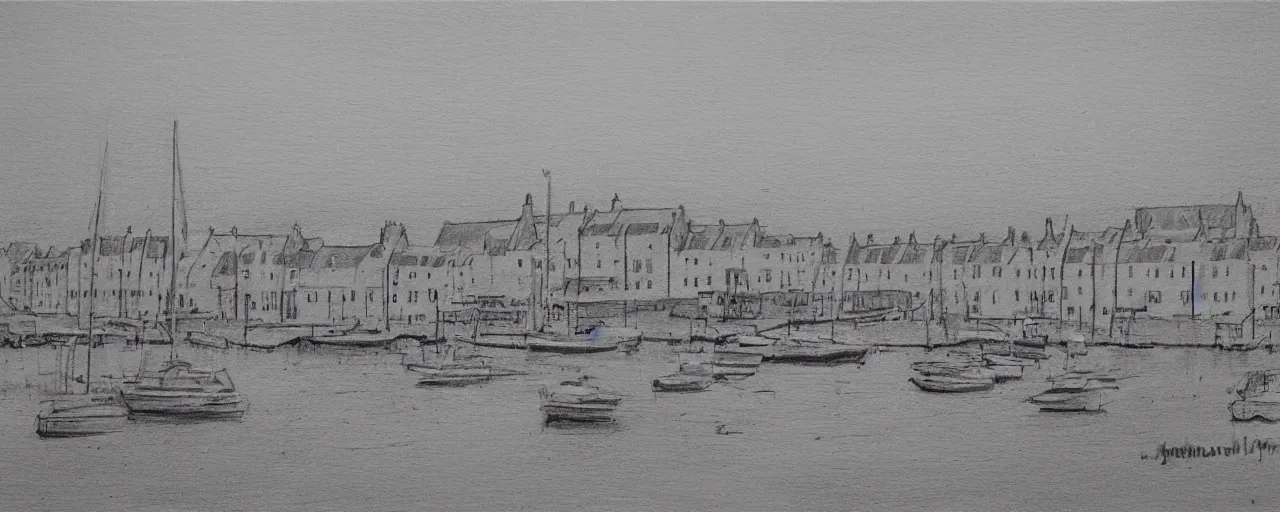 Prompt: a painting of the harbour at Stromness orkney, Pencil sketch