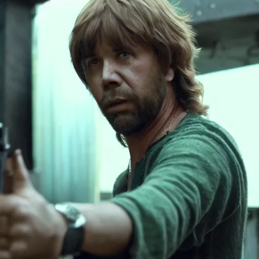 Image similar to shaggy from scooby doo holding a gun, film still from the movie directed by denis villeneuve with art direction by bill ward, wide lens