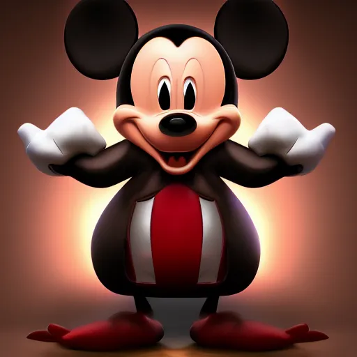 Prompt: evil sharp toothed Mickey by Disney, rat character evil, sharp ears, sharp features, evil grin, behance, HD render, unity, cinematic Trending on artstation.