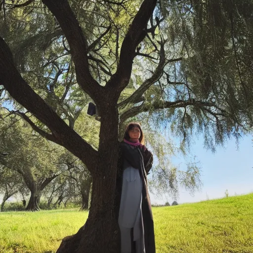 Image similar to a woman standing close to a tree