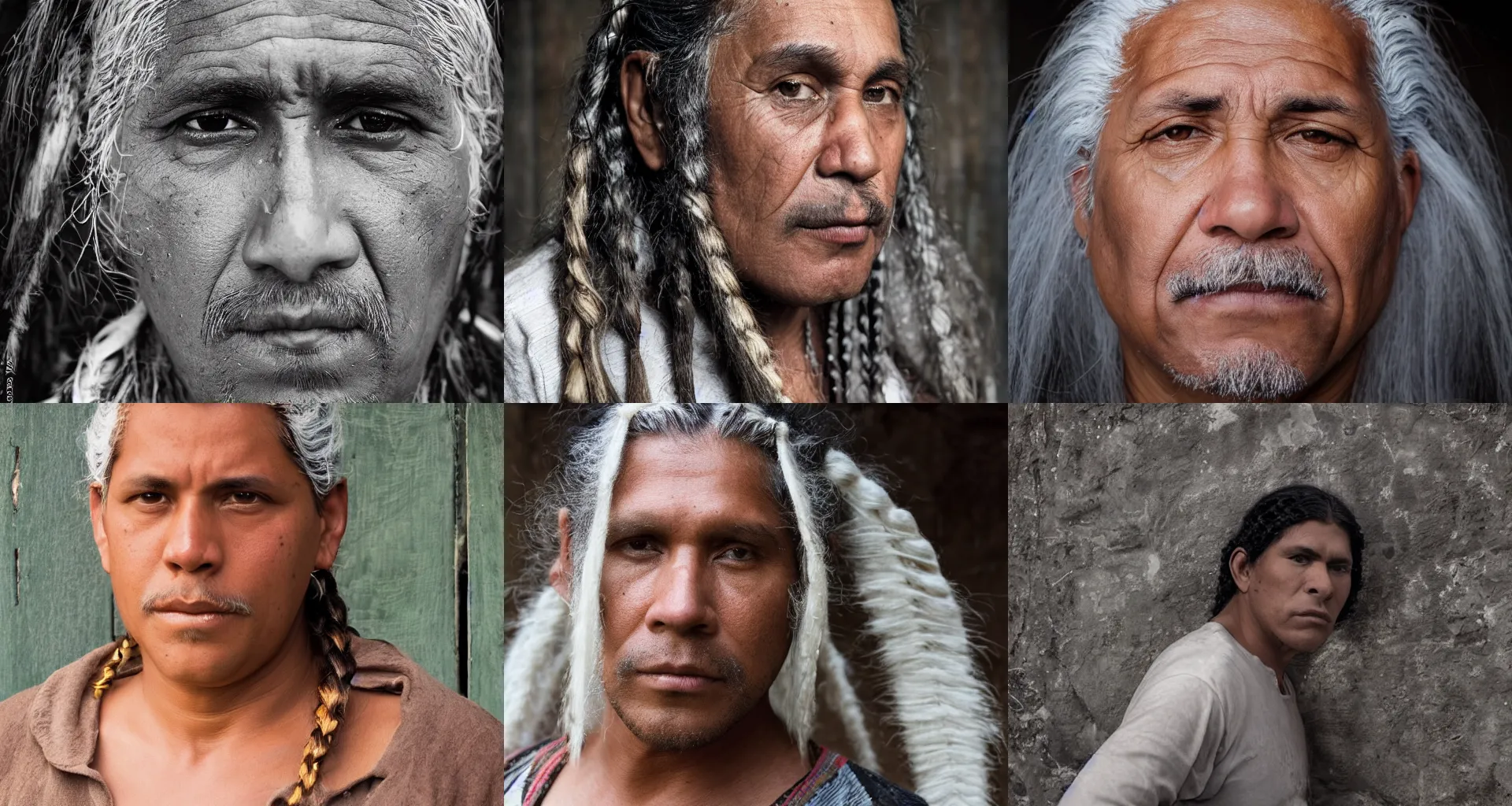 Prompt: closeup headshot photo of the Native Venezuelan man, braids, pure white hair, dungeon background and photography by Gregory Crewdson