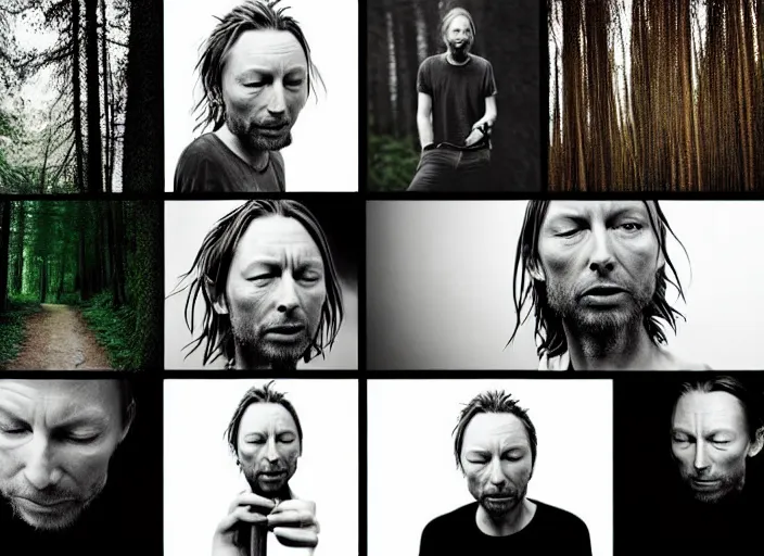 Image similar to beautiful photographs of prints of thom yorke pictures on a table, hyper realistic, variations of thom yorke holding a stick, right side profile, forest, water, moon, high quality photograph, mixed styles, intricate details, diverse colors, deep emotional impact