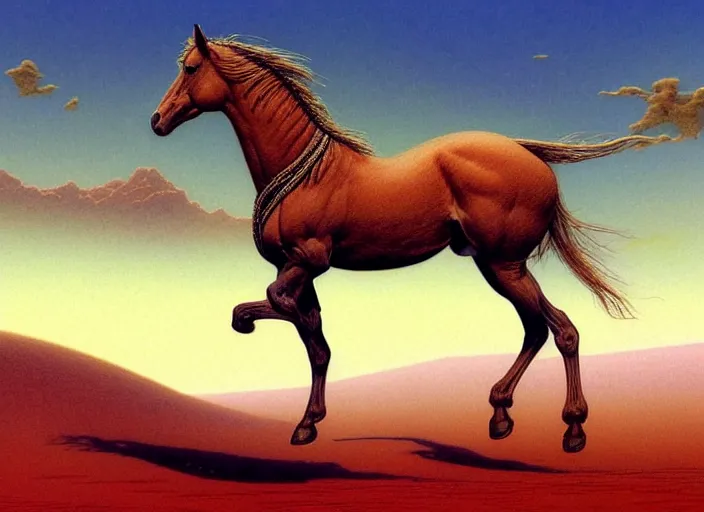 Image similar to horse standing in desert, intricate, elegant, highly detailed animal, digital painting, artstation, concept art, smooth, sharp focus, illustration, art by artgerm, bob eggleton, michael whelan, stephen hickman, richard corben, wayne barlowe, trending on artstation and greg rutkowski and alphonse mucha, 8 k