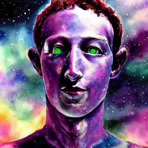 Prompt: alien zuckerberg in space. watercolor. dramatic. amazing painting. formal. beautiful. high resolution. highly realistic. close - up. trending on artstation