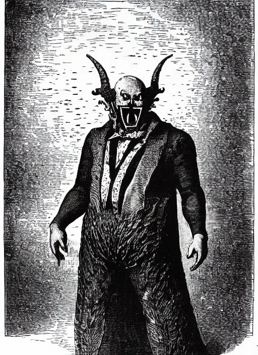 Image similar to illustration of dr. robotnik as a demon from the dictionarre infernal, etching by louis le breton, 1 8 6 9, 1 2 0 0 dpi scan, ultrasharp detail, clean scan