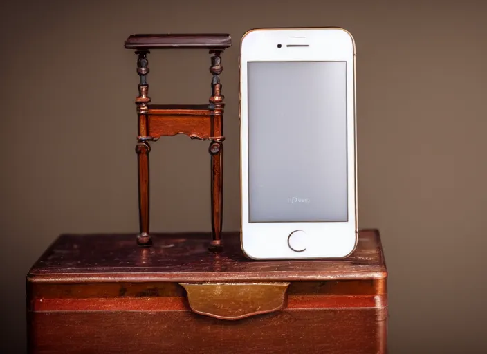 Image similar to photo still of an iphone from 1 9 2 0 with decoration from the year 1 9 2 0, in a room from 1 9 2 0, 8 k, studio lighting bright ambient lighting key light, 8 5 mm f 1. 8