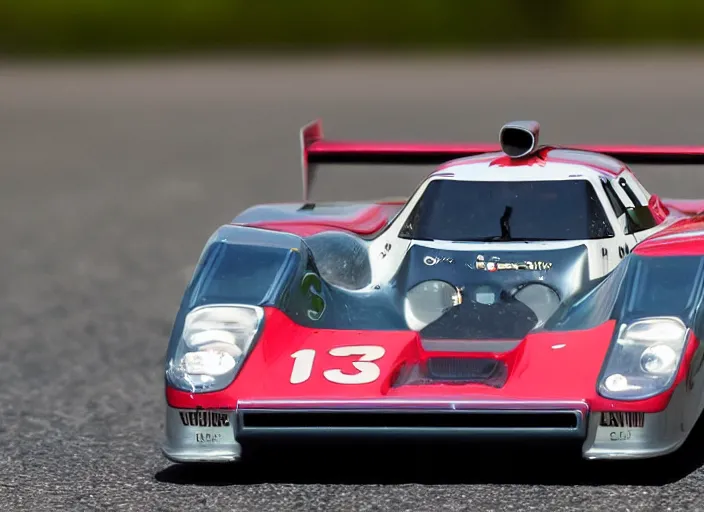 Prompt: Dauer 962 LeMans road car racing down high way motion blur front side view