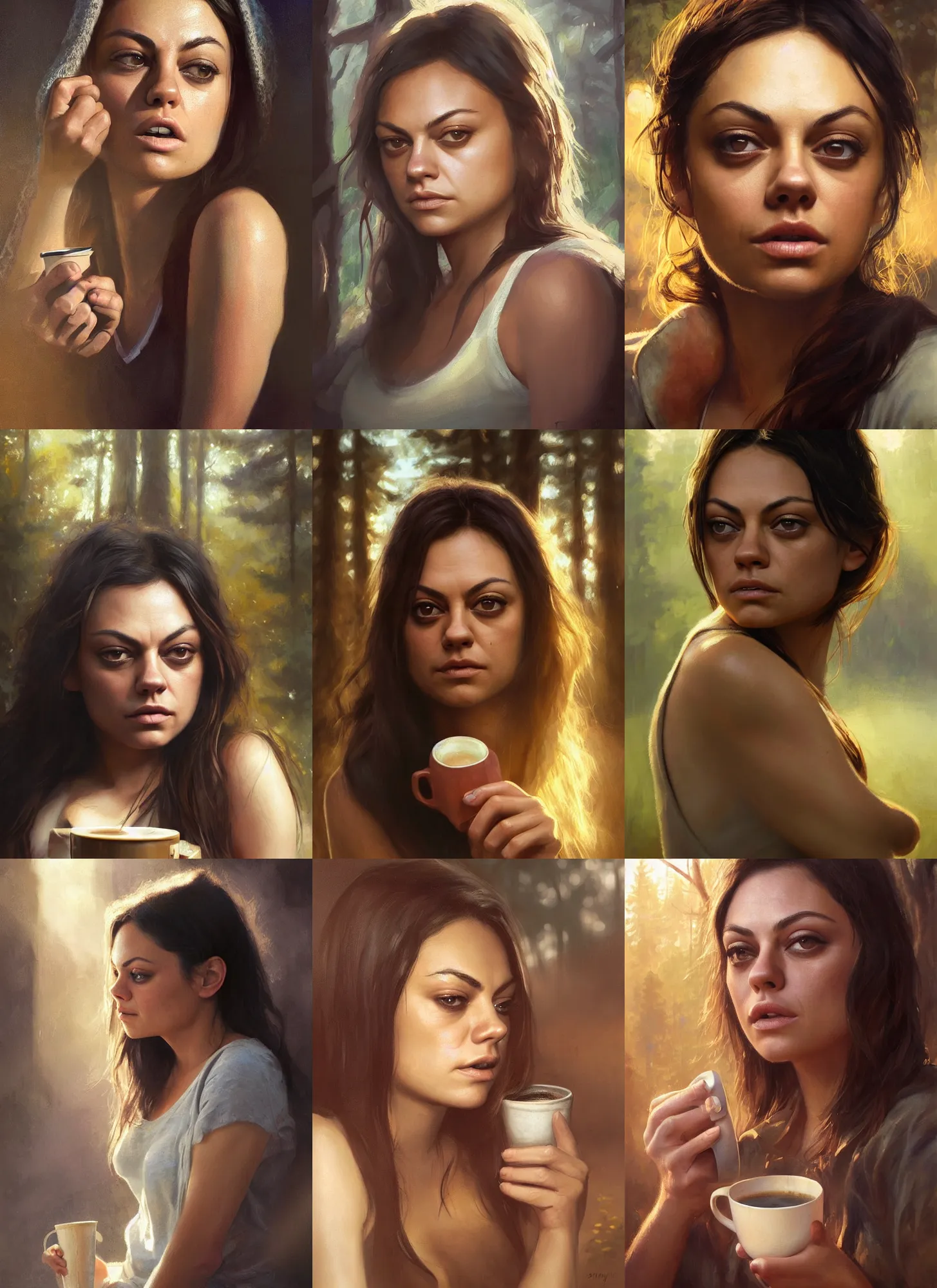 Image similar to close portrait of sleepy mila kunis waking up with coffee, dramatic light, morning golden hour, forest cabin background, 2 0 0 mm focal length, painted by stanley lau, painted by greg rutkowski, painted by stanley artgerm, digital art, trending on artstation