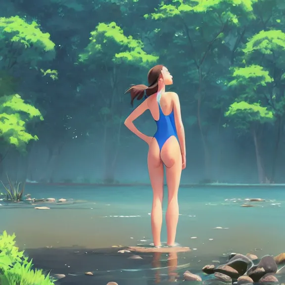 Image similar to one single girl wearing a blue full body bathing suit wading, wading weight high water, standing in a narrow river, trees bent over the river, shady, ripples, facing, looking at the camera, inviting look, atmospheric lighting. By Makoto Shinkai, Stanley Artgerm Lau, WLOP, Rossdraws, James Jean, Andrei Riabovitchev, Marc Simonetti, krenz cushart, Sakimichan, trending on ArtStation, digital art.