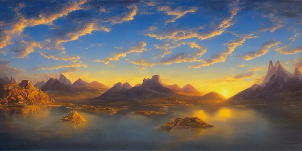 Image similar to a landscape with a futuristic city and spaceship flying in the sky, mountains, a lake and clouds in background at sunset, oil painting