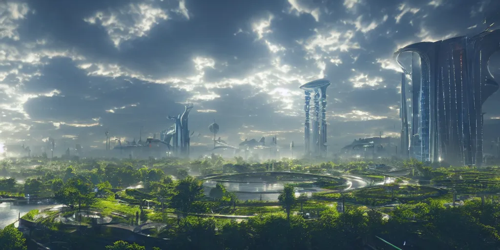 Prompt: a low angle view of a solarpunk city, meadows and rivers, futuristic architecture, hyperrealism, octopath traveler, octane render, misty, highly rendered, global illumination, radiant light, cinematic, by vincent callebaut and zaha hadid and zack snyder, 8 k