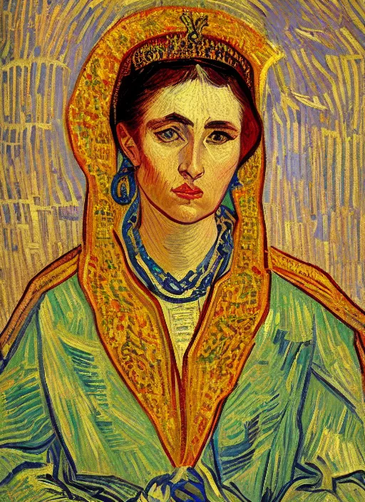 Image similar to !! portrait of a byzantine empress!! by van gogh, detailed face expressionist oil painting masterpiece, 8 k resolution, smooth, sharp focus, pastel color palette, trending on artstation