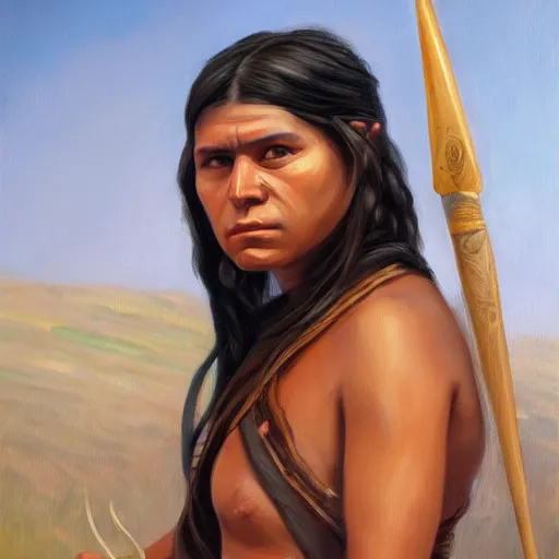 Image similar to Portrait painting of a native american female holding a spear, artstation