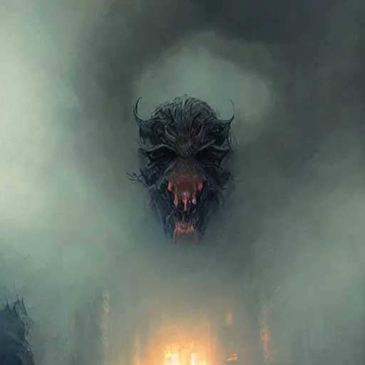 Prompt: a beautiful and terrifying new creature from folklore, smoke and shadow, glowing eyes and mouth. clear detailed view. ethereal fantasy art by greg rutkowski